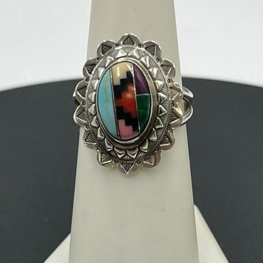 QT Quac Multi Gemstone Turquoise Sterling Silver Inlay Mosaic Navajo Ring Sz 7.5